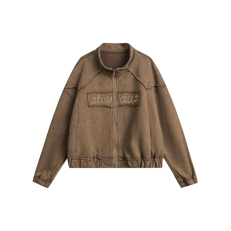 Unisex Jacket Retro Washed Distressed Stand Collar Jacket
