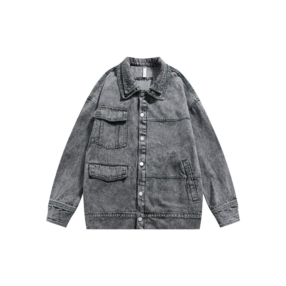 Unisex Jacket Retro Washed Denim Jacket Lapel Loose Pockets Overalls