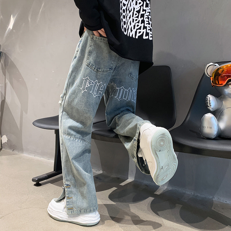 Men Jeans Letter Embroidered Jeans Men's Spring/Summer Hip Hop Straight-Leg Pants