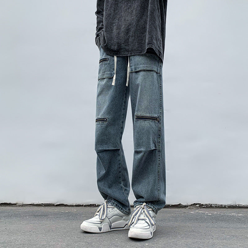 Men Jeans Cargo Jeans Spring and Autumn Zipper Wide Leg Trousers