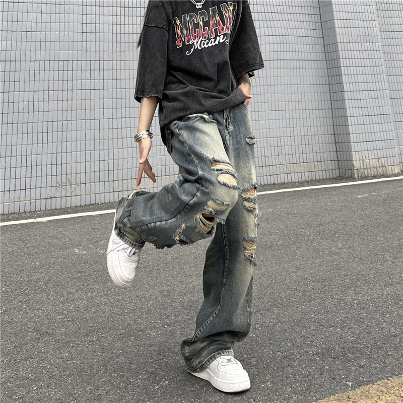 Men Jeans Retro Washed Distressed Ripped Jeans