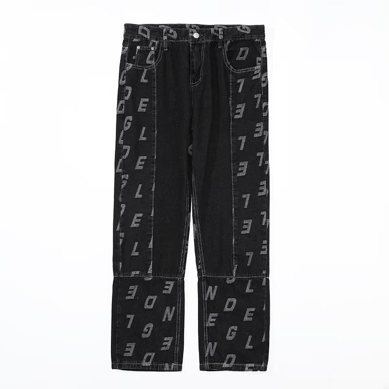 Men Jeans Retro Patchwork Jacquard Jeans Casual Pants