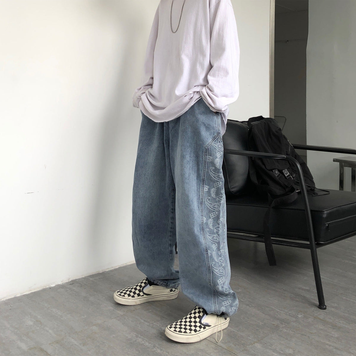 Men Jeans Washed Denim Trousers Elastic Waist Baggy Straight Trousers