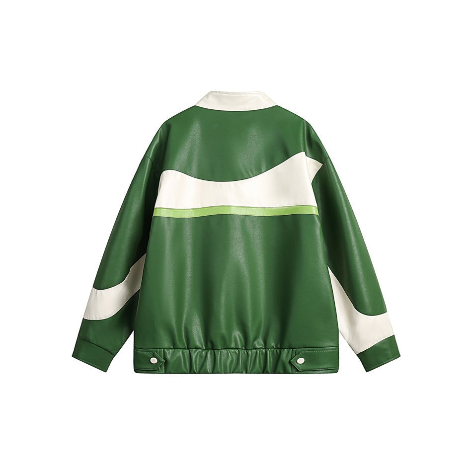 Unisex Jacket Retro Patchwork Jacket Loose PU Leather Coat