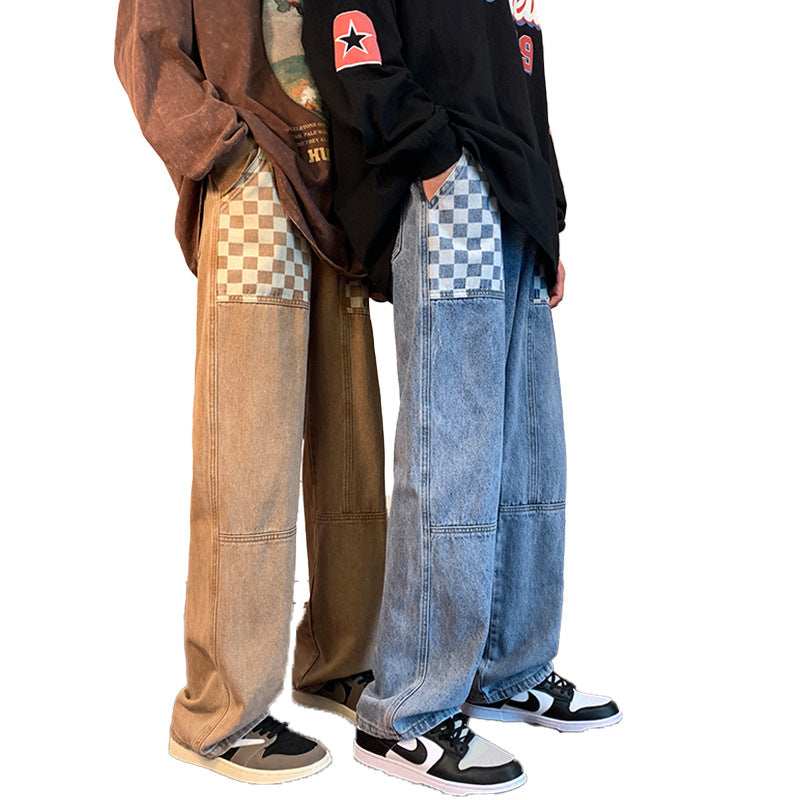 Men Jeans Autumn and Winter Chessboard Plaid Jeans Loose Straight Casual Working Pants