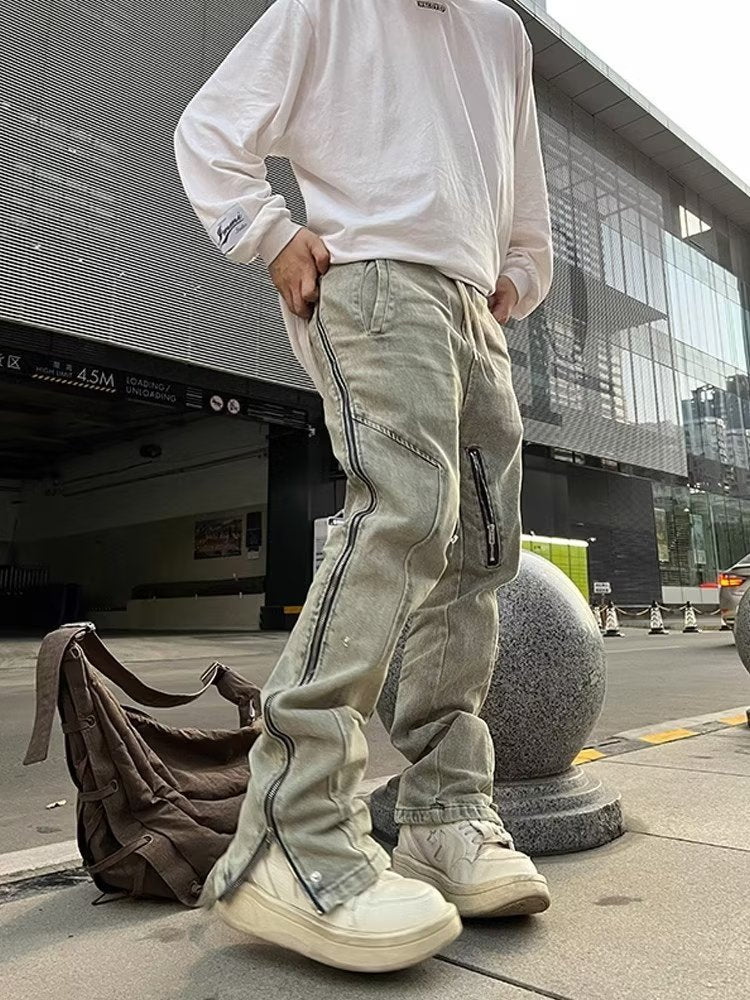 Men Jeans Worn Looking Washed-out Side Zipper Slightly Flared Jeans