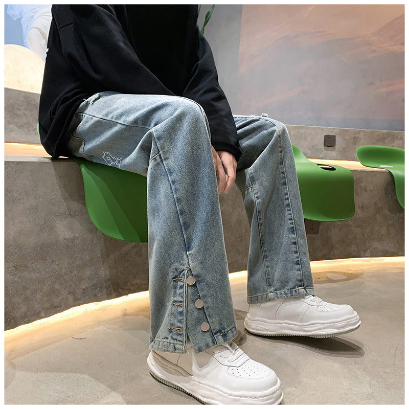 Men Jeans Ripped Jeans Men's Summer Letter Embroidery Slit Loose Straight Casual Trousers