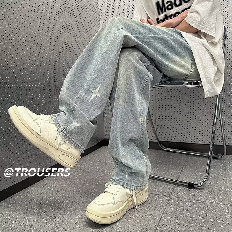 Men Jeans Washed Jeans Men's Summer Loose Retro Hiphop Straight-Leg Pants