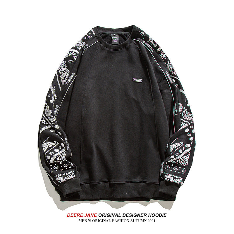 Men Pullover Hoodie Spring Patchwork round Neck Spring and Autumn Japanese Style Loose Top