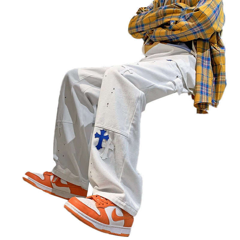 Men Jeans Cross Printed Jeans Men's Loose Straight Wide Leg Pants