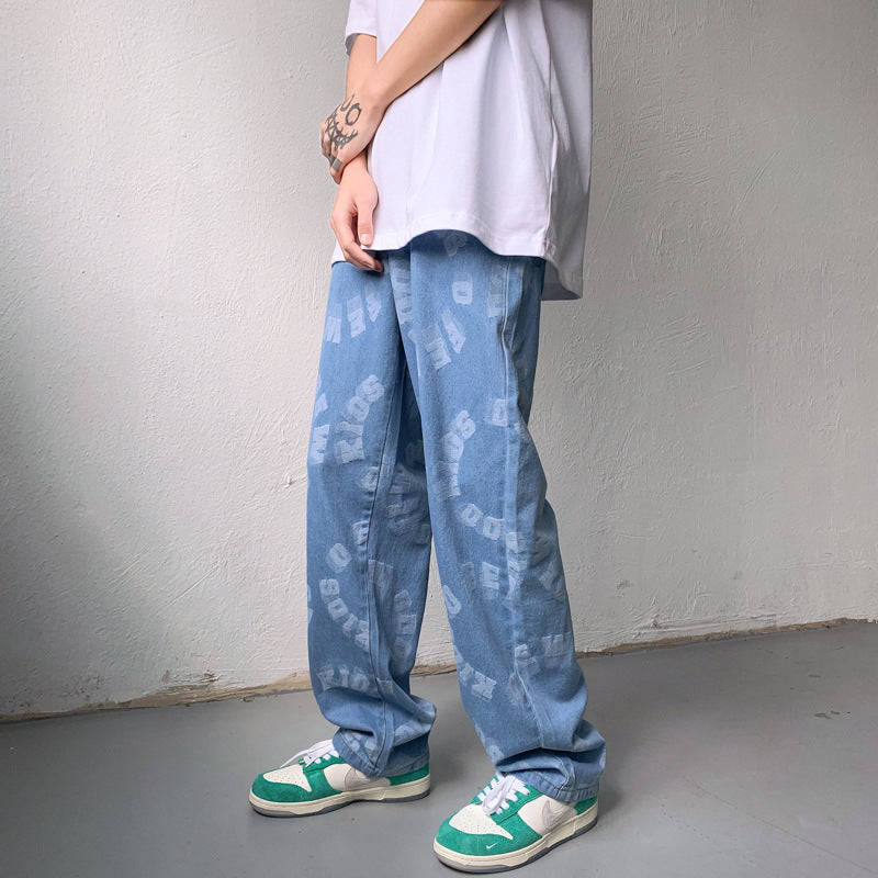 Men Jeans Summer Loose Printed Trousers Casual Wide Leg Pants