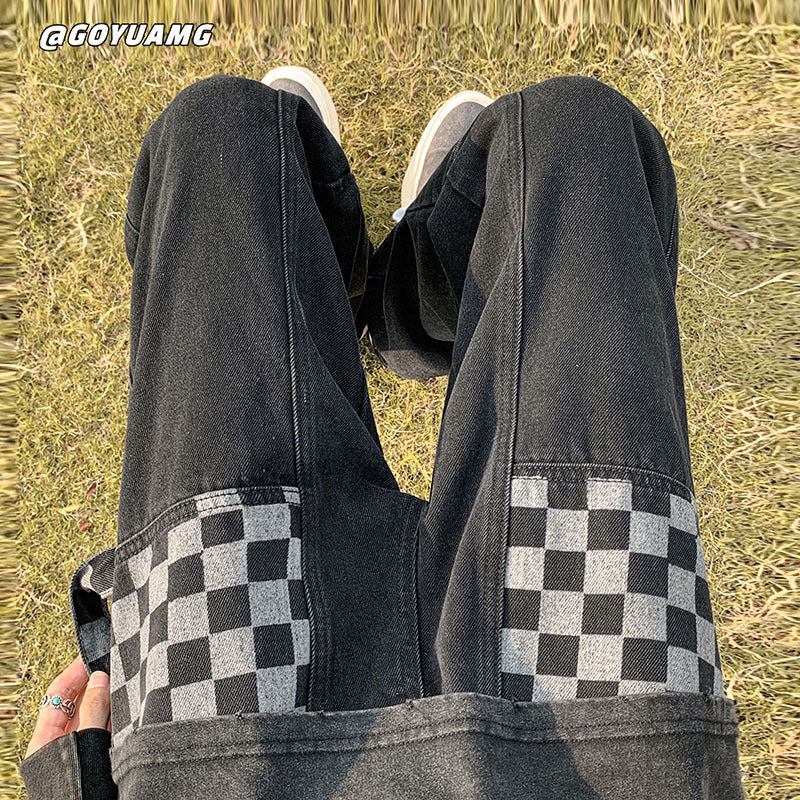 Men Jeans Autumn and Winter Chessboard Plaid Jeans Loose Straight Casual Working Pants