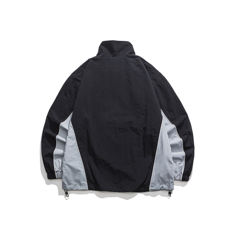 Unisex Jacket Retro Patchwork Contrast Color Stand-up Collar Sports Jacket Spring and Autumn Coat