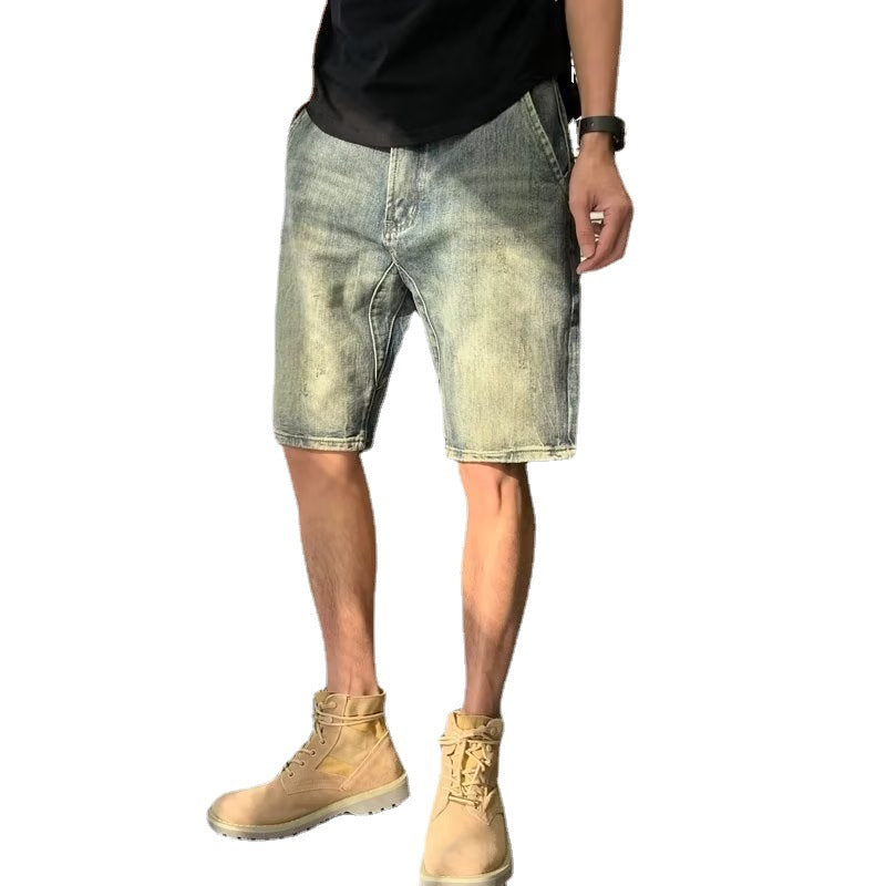 Men Jeans Washed Middle Pants Straight Casual Retro Shorts