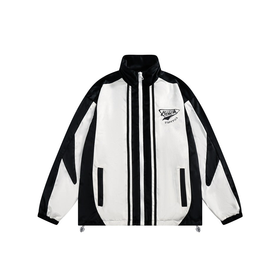 Unisex Jacket Vintage Sports Jacket Men's and Women's Loose Black and White Patchwork Stand-up Collar Coat