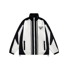 Unisex Jacket Vintage Sports Jacket Men's and Women's Loose Black and White Patchwork Stand-up Collar Coat