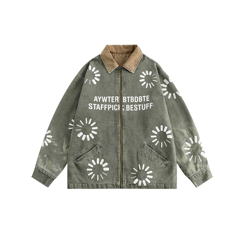 Unisex Jacket Retro Washed Denim Jacket Turn-down Collar Coat