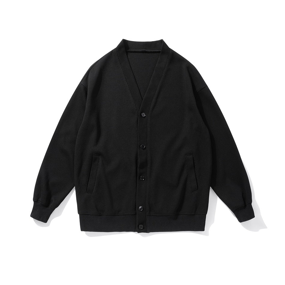 Unisex Jacket Vintage Waffle Knitted Cardigan Men Loose Top Coat