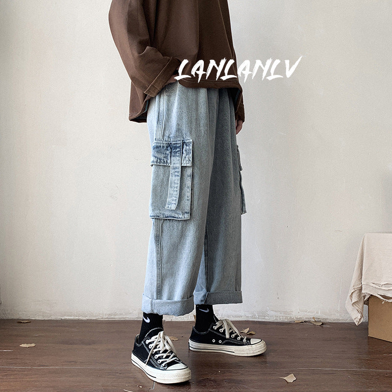 Men Jeans Cargo Jeans Men's Straight Loose Wide Leg Pants Retro Trousers