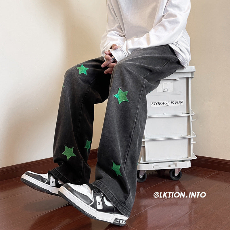 Men Jeans Embroidered Jeans Men's Autumn Oversize Straight-Leg Pants