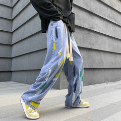 Men Jeans Graffiti Jeans Spring Straight-Leg Pants Loose-Fitting Wide-Leg Trousers