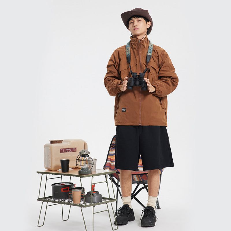 Unisex Jacket Spring Overalls Coat Loose Zip Large Pocket Stand Collar Jacket for Men
