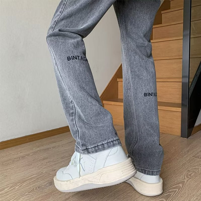 Men Jeans Embroidered Jeans Slim Fit Bootcut Pants