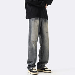 Men Jeans Straight Loose Washed-out Jeans Casual Wide Leg Pants
