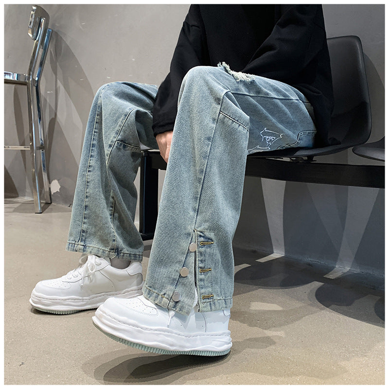 Men Jeans Ripped Jeans Men's Summer Letter Embroidery Slit Loose Straight Casual Trousers