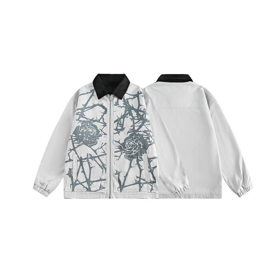 Unisex Jacket Vintage Thorn Print Overalls Men and Women Loose-Fitting Jacket Top