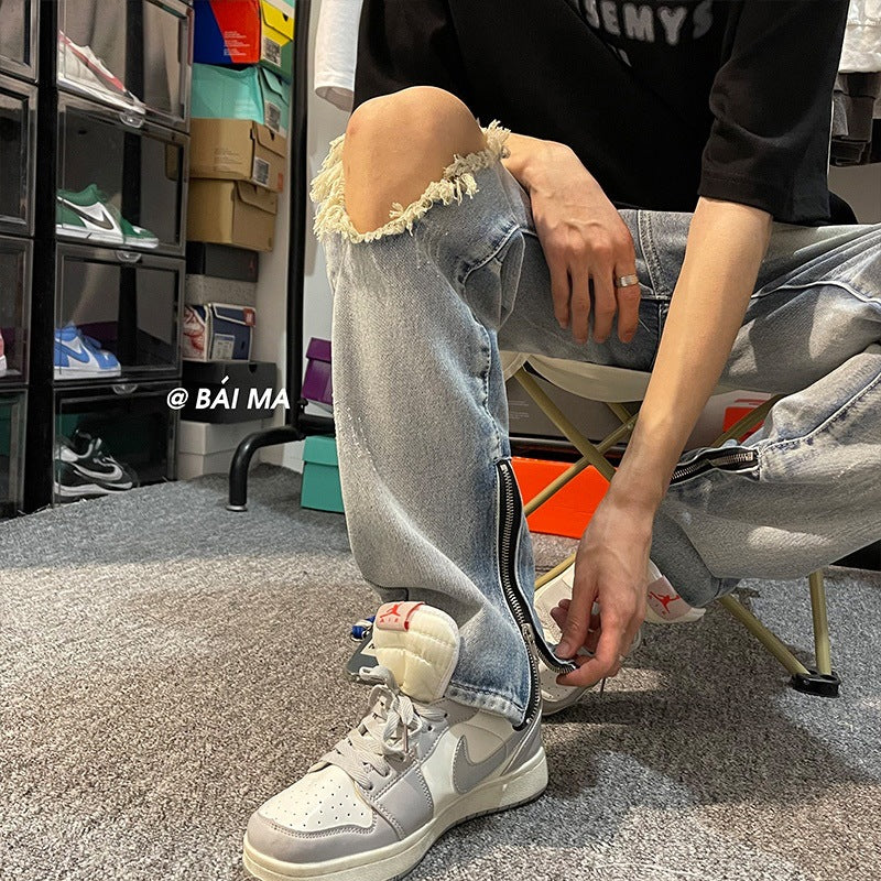 Men Jeans Retro Washed Make Old Ripped Jeans Zipper Trousers