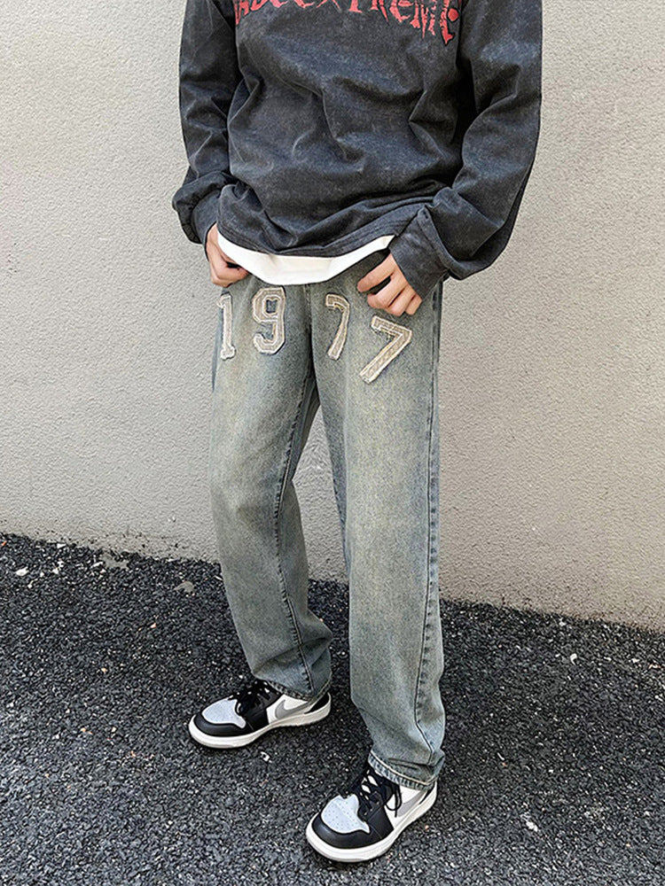 Men Jeans Vintage 1977 Embroidered Jeans Men Slim-Fitting Straight Pants