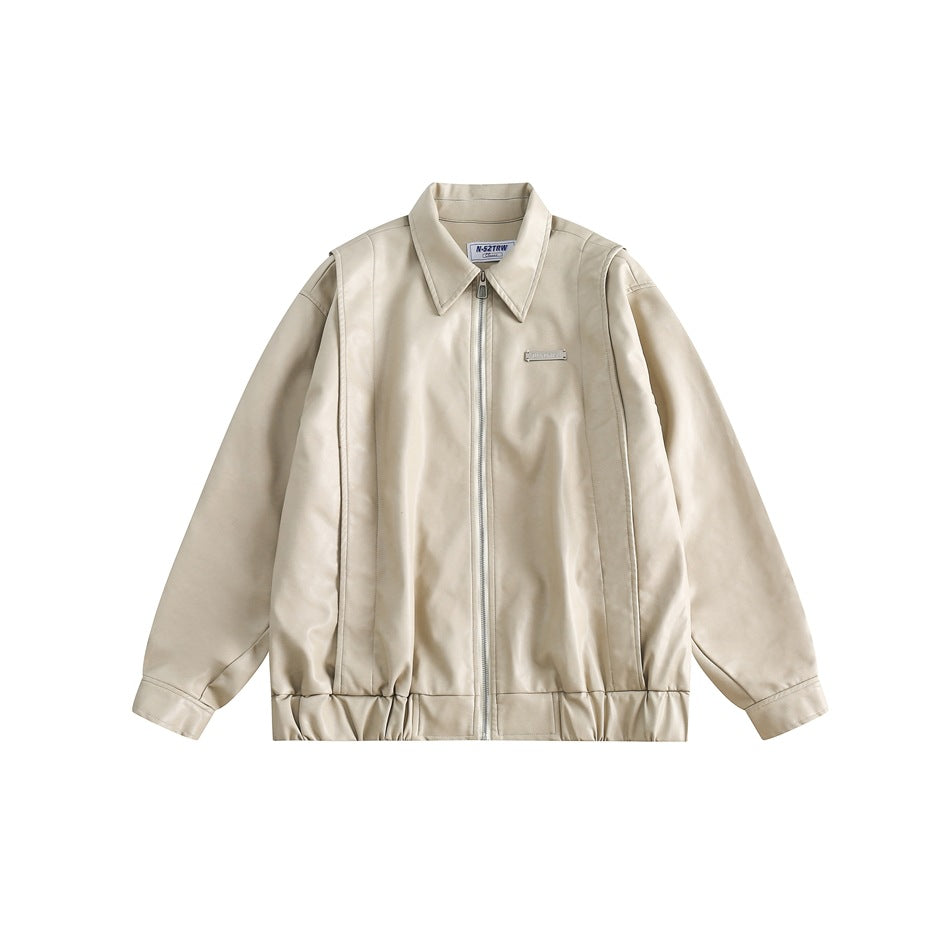 Unisex Jacket Loose Lapels PU Leather Jacket Retro Biker's Coat