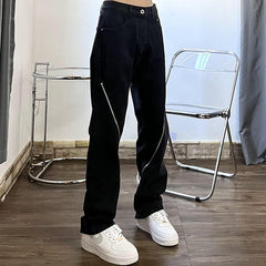 Men Jeans Zipper Jeans Design Slit Hiphop Washed Baggy Straight Trousers