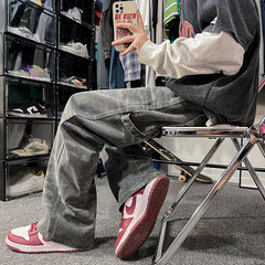 Men Jeans Retro Camouflage Pants Loose Straight Cargo Pants Washed Wide Leg Casual Trousers