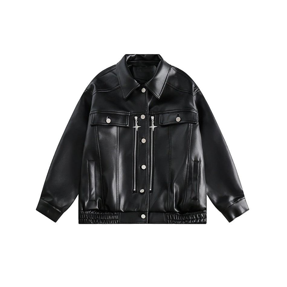 Unisex Jacket Fall Loose Lapels PU Leather Jacket Retro Biker's Coat