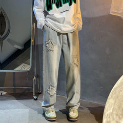 Men Jeans Oldschool Ripped Jeans Men's Summer Loose Straight P Pants