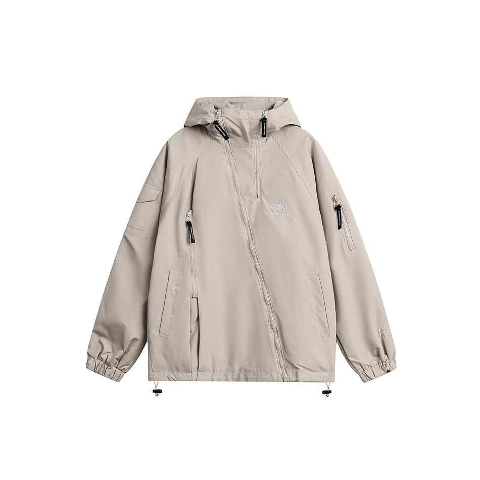 Unisex Jacket Loose Hooded Coat Oblique Zipper Mechanical Style Jacket
