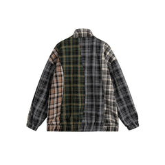 Unisex Jacket Vintage Stand Collar Jacket Loose Plaid Coat