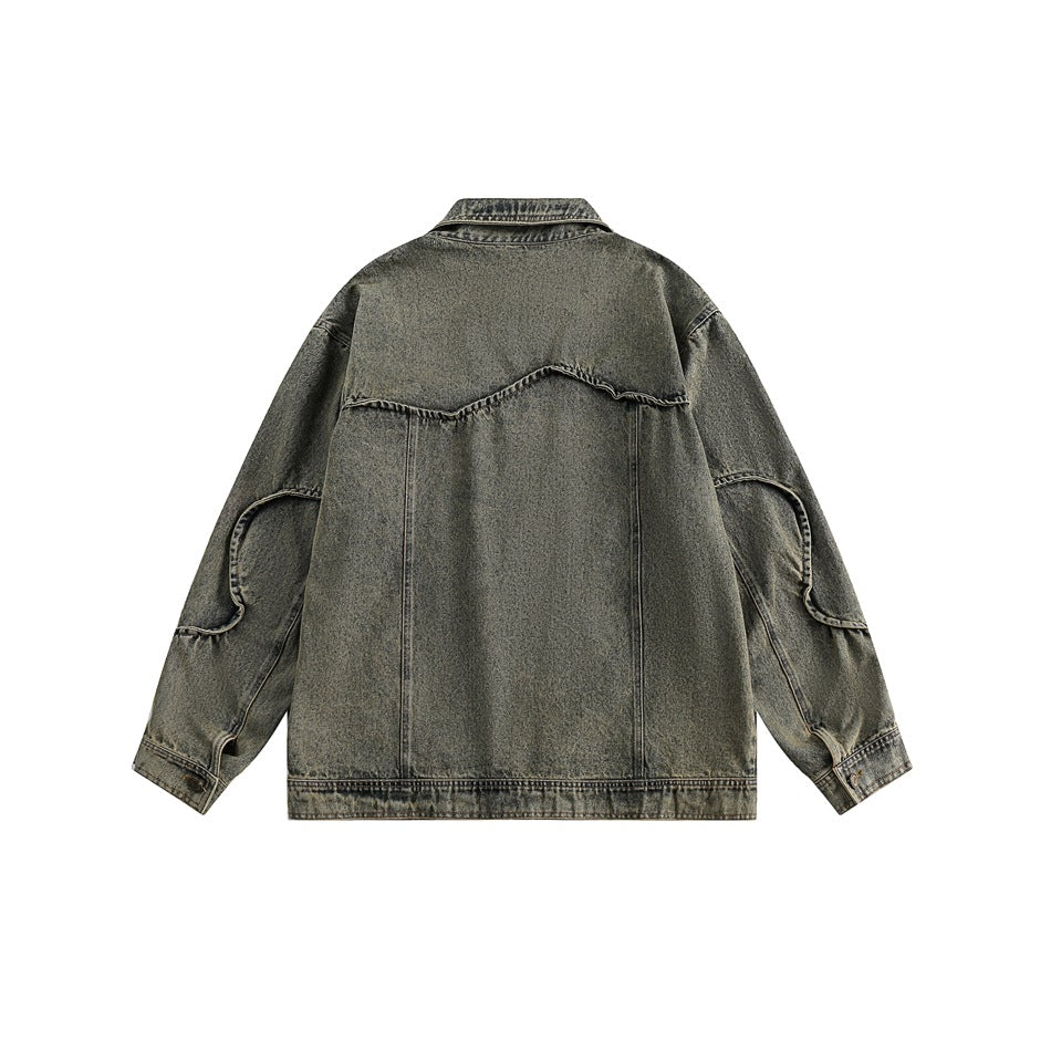 Unisex Jacket Vintage 3D Cutting Washed Denim Jacket Men and Women Baggy Coat