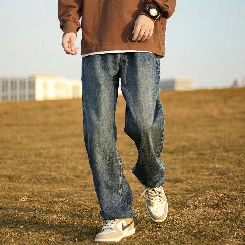 Men Jeans Retro Washed Straight Jeans Spring Loose Wide Leg Casual Pants for Boys
