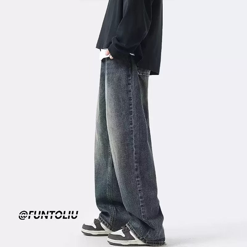 Men Jeans Summer Retro Casual Pants Washed Loose Straight-Leg Wide-Leg Pants