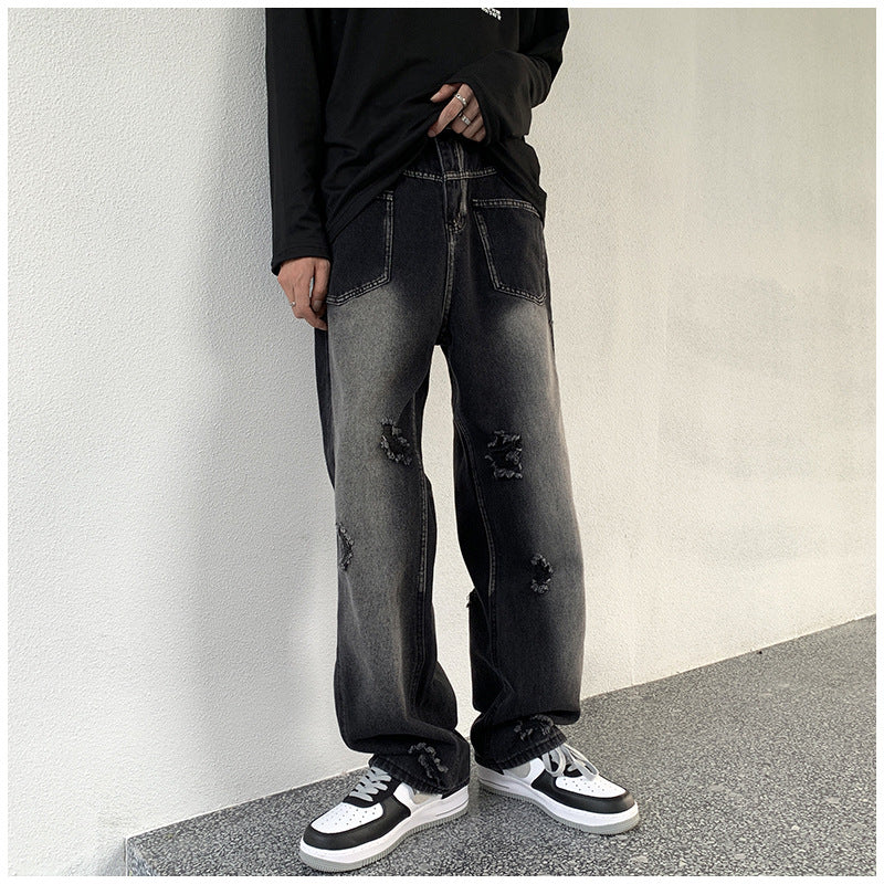 Men Jeans Ripped Jeans Men's Autumn Retro Loose Straight Trousers