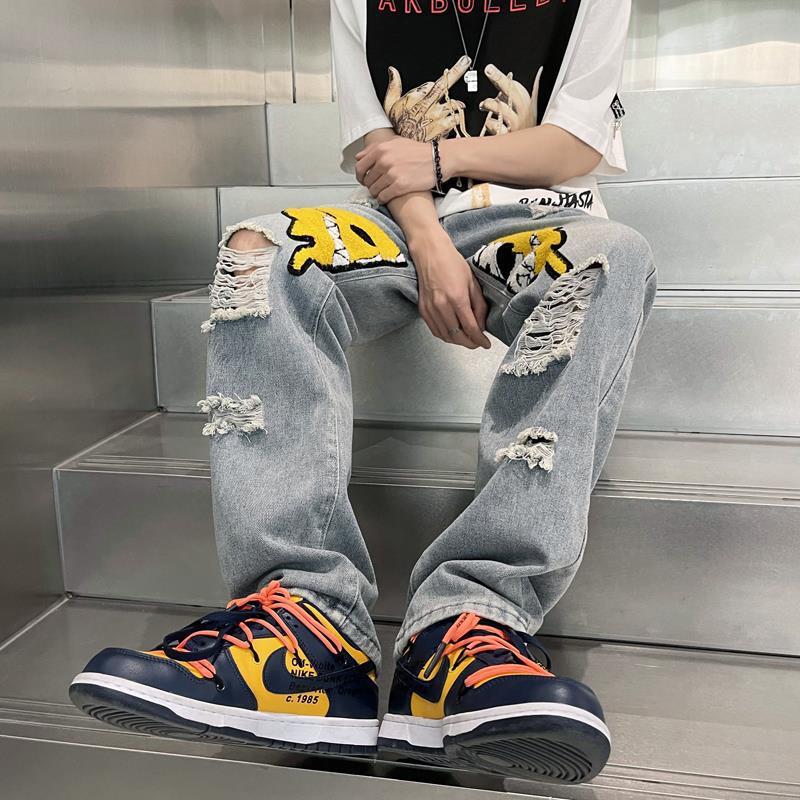 Men Jeans Ripped Jeans Men's Summer Loose Wide Leg Pants