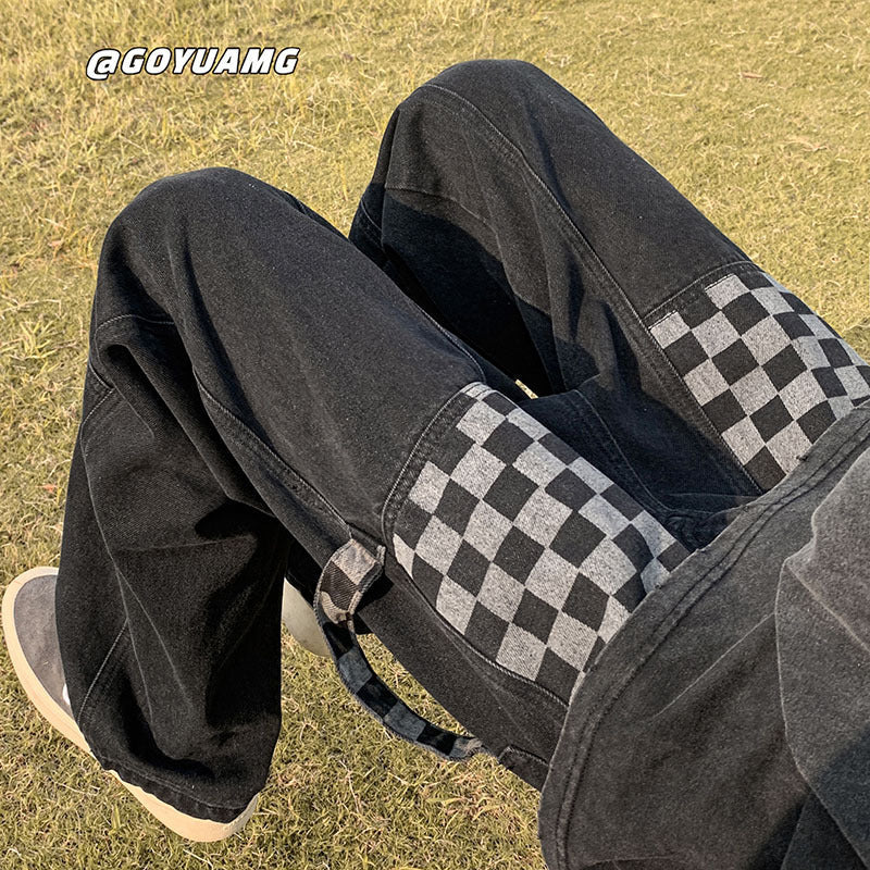 Men Jeans Retro Wide-Leg Pants Chessboard Plaid Jeans