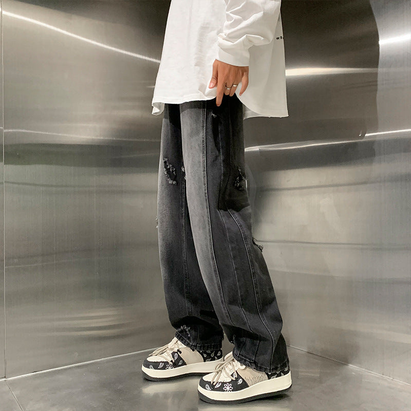 Men Jeans Ripped Jeans Men Autumn Winter Retro Straight Wide Leg Casual Trousers