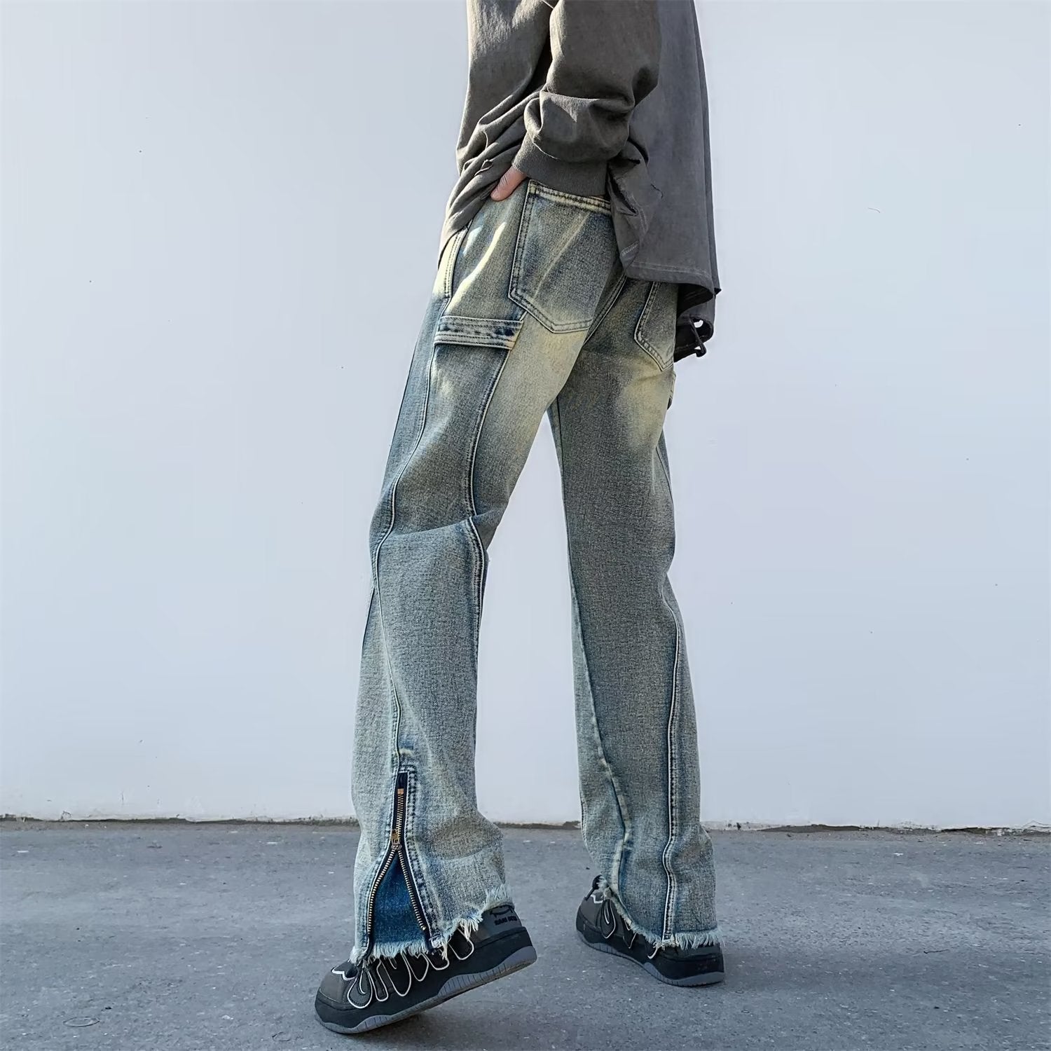 Men Jeans Oversize Zipper Jeans Summer Slim-Fit Micro Flared Pants
