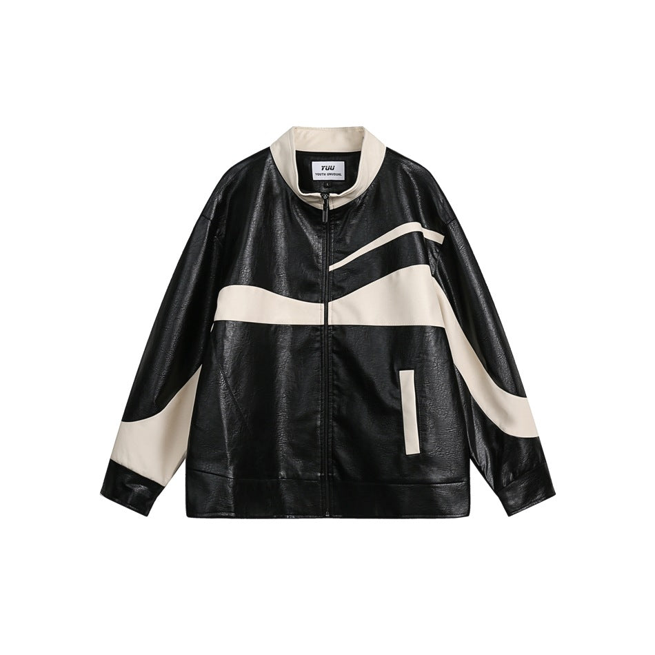Unisex Jacket Retro Patchwork Jacket Loose PU Leather Coat