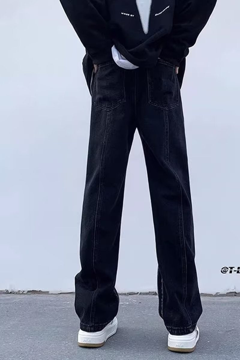 Men Jeans Washed Second-Hand Black Color Stitching Jeans Slim Straight Bootcut Trousers