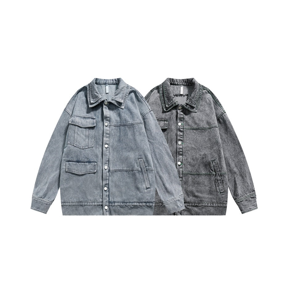 Unisex Jacket Retro Washed Denim Jacket Lapel Loose Pockets Overalls